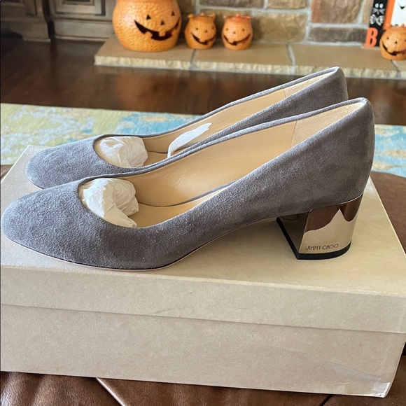 Jimmy Choo Jessie Smoke Suede Silver Block Heel Pumps - Picture 6 of 11